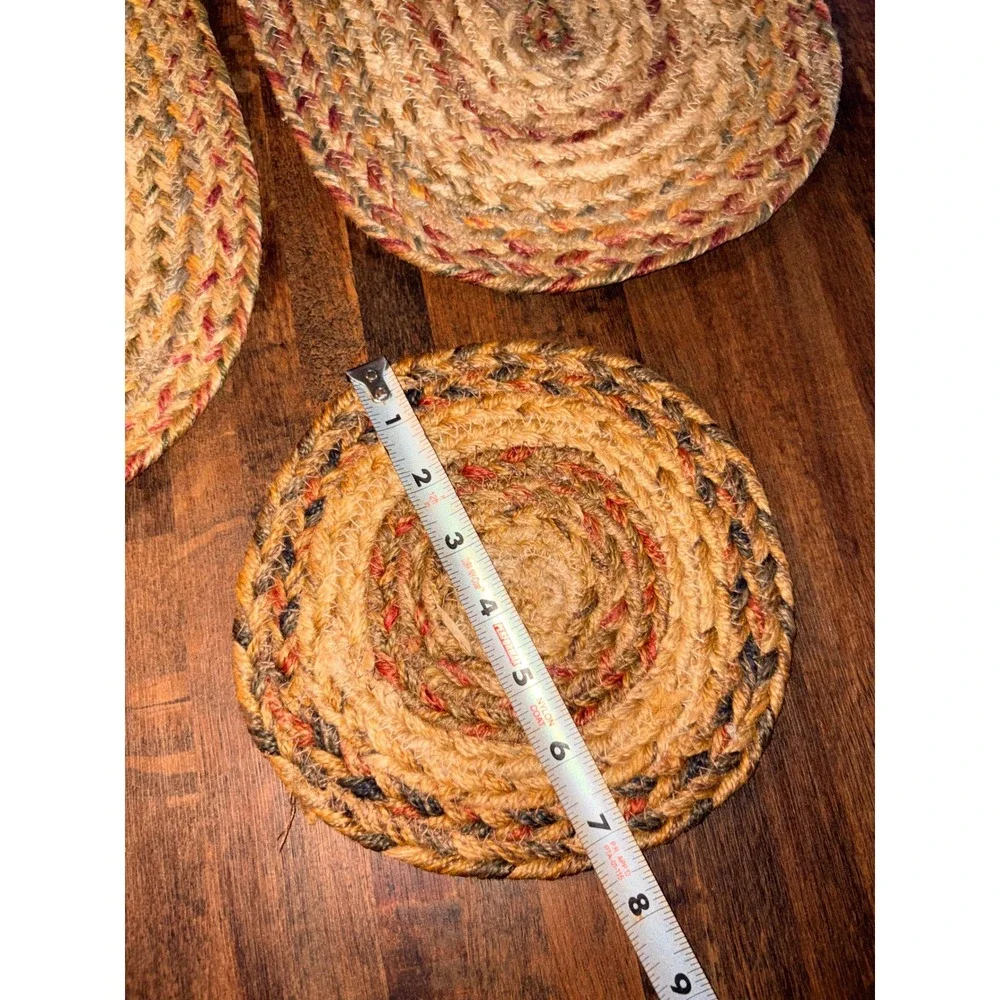 3pc Braided Jute Placemat Trivet Set Farmhouse Multi Color Oval Round Rustic